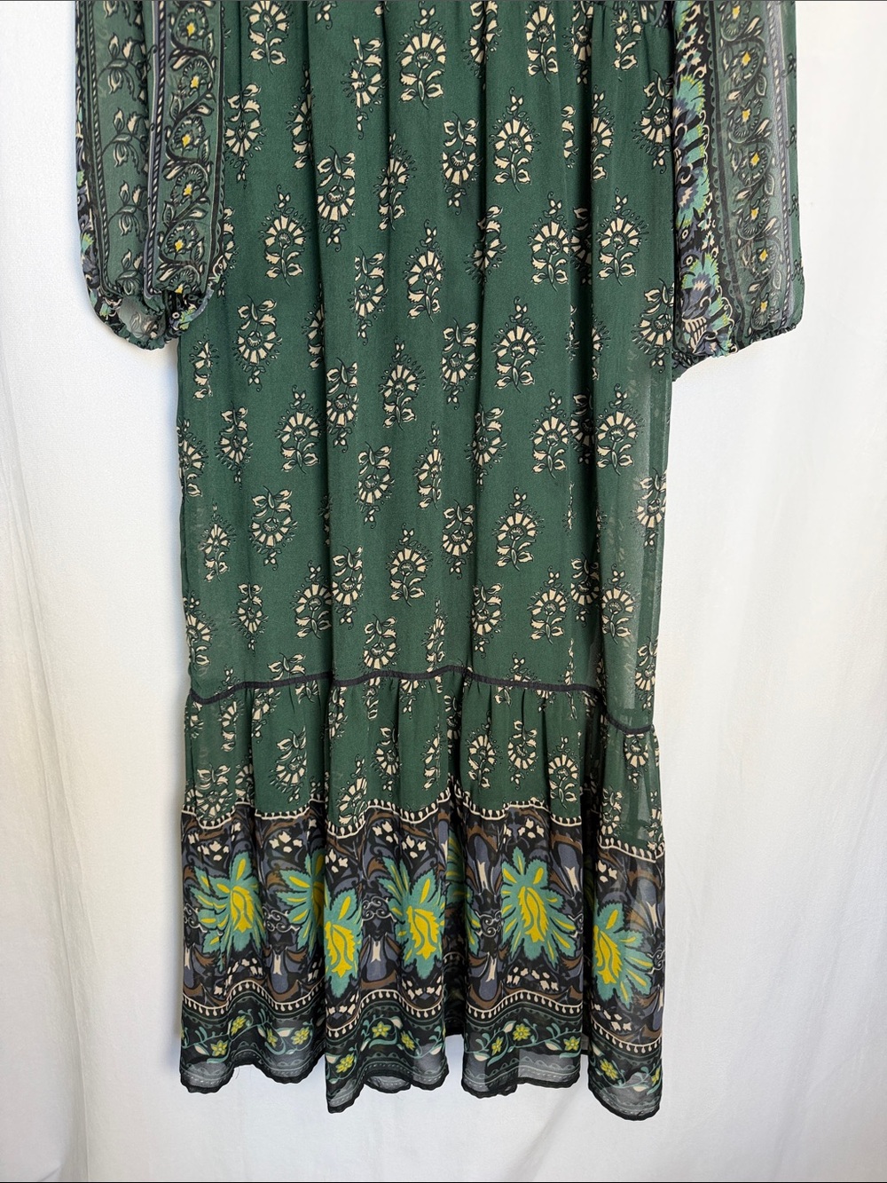 Cost Plus Boho Green Printed Tiered Maxi Dress Embellished Yoke Size L/XL Sheer - Picture 4 of 10